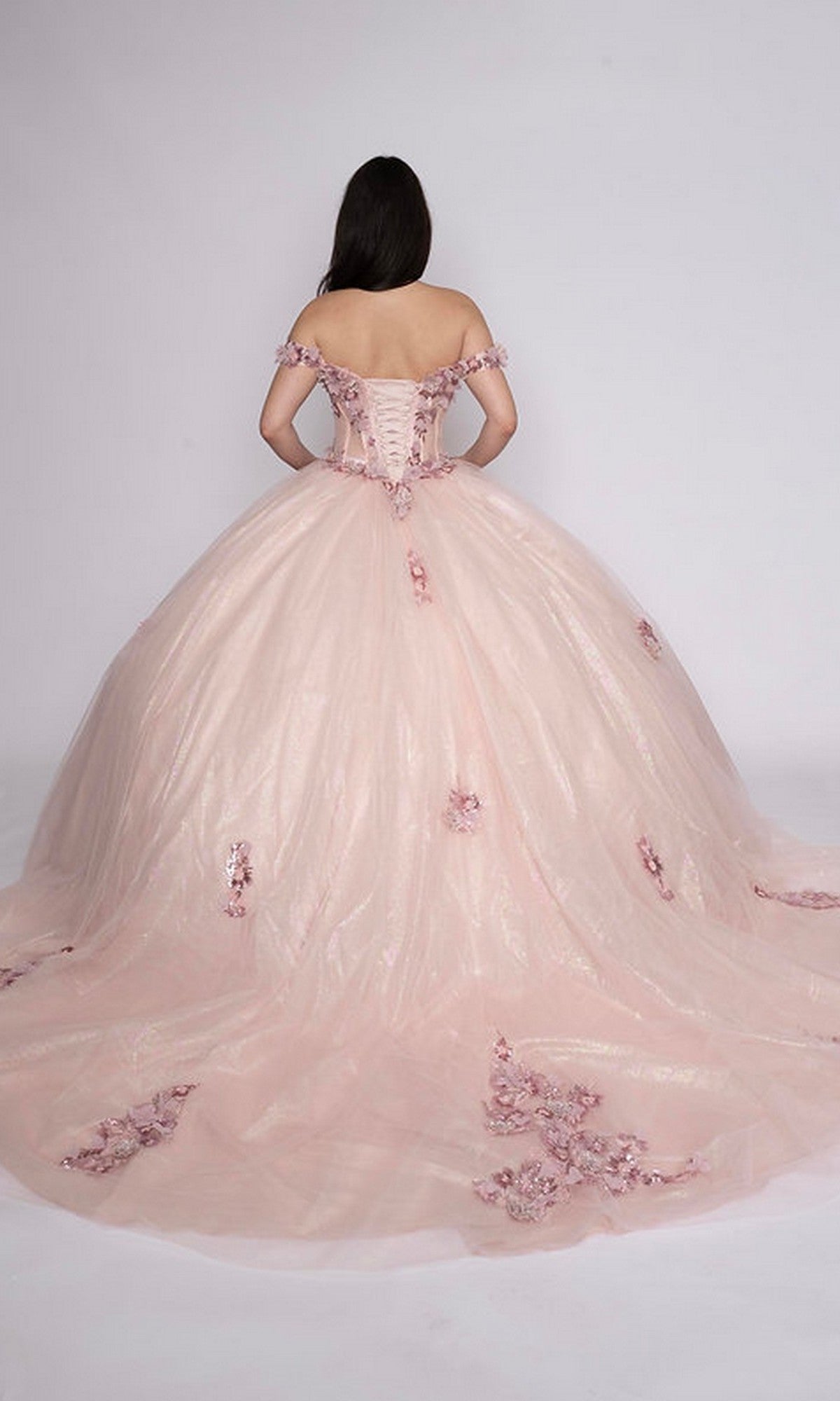 A woman wearing the Quinceanera Dress Q116 by Nina Canacci in blush pink with floral embellishments stands with her back to a plain light background.